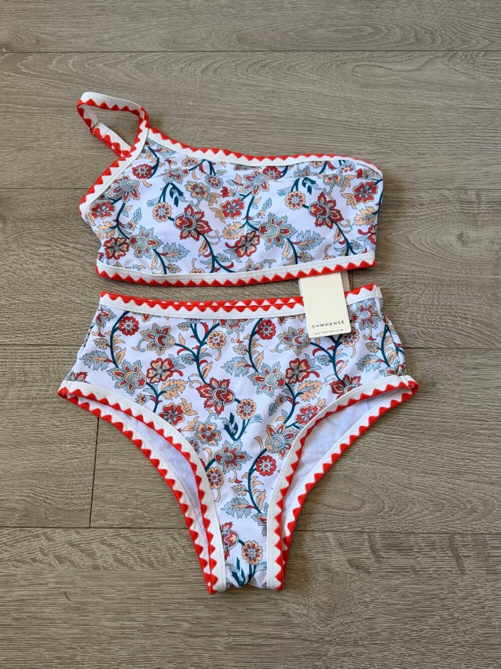Commense One-Shoulder Floral Contrast Trim Bikini Set S NWT